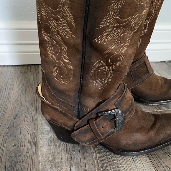 Rudel Womens Brown Leather Western Cowboy Harness Buckle Boots Square Toe 4.5E - Picture 7 of 12